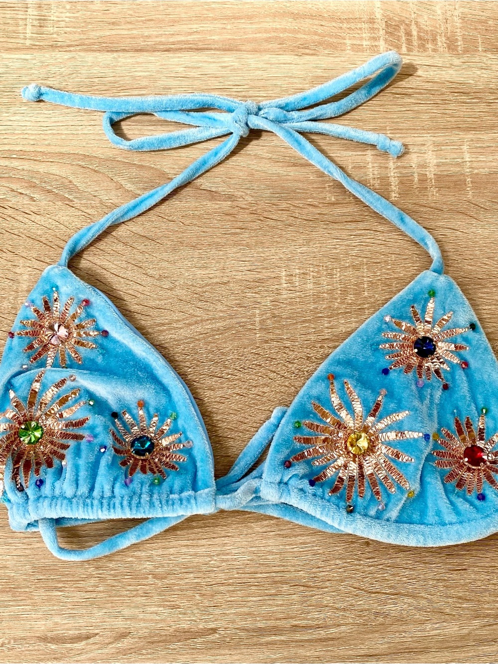 Oceanus Swimwear Dina Sequin Halter Bikini Top Blue Large